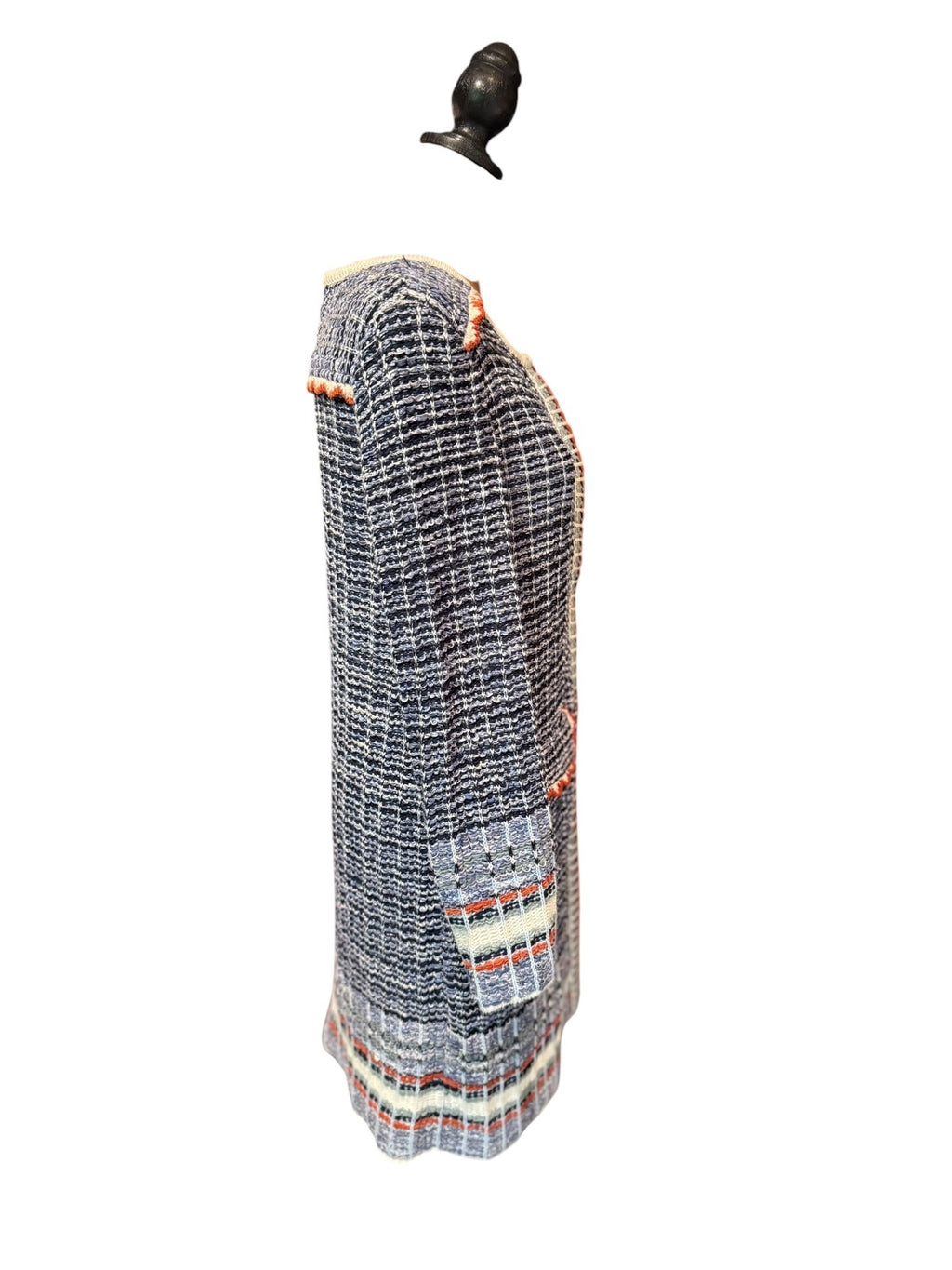 Claudius Navy Blue and White Tweed Long Cardigan with Orange Accents