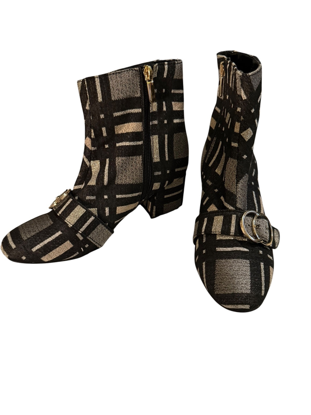 Bleeker and Bond Lacey Black and Silver Plaid Ankle Boots with Buckle Detail
