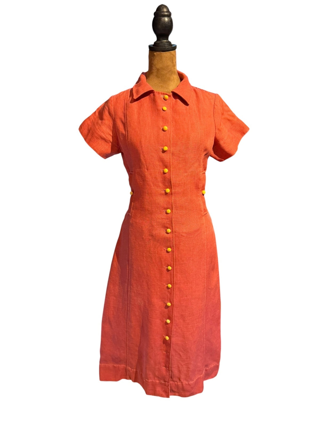 Vintage Red Button-Front Linen Dress with Bakelite Buttons