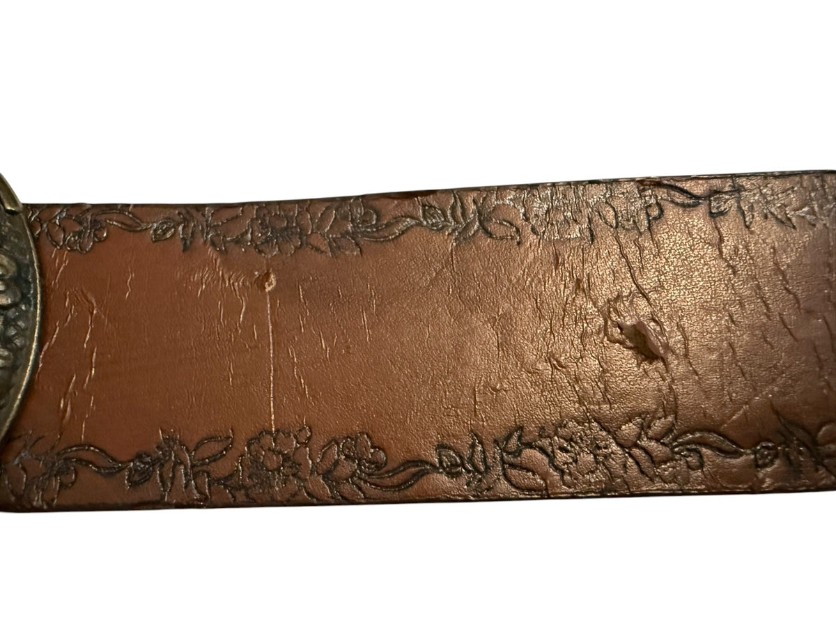 Vintage Brown Leather Belt with Ornate Round Buckle and Floral Embossing