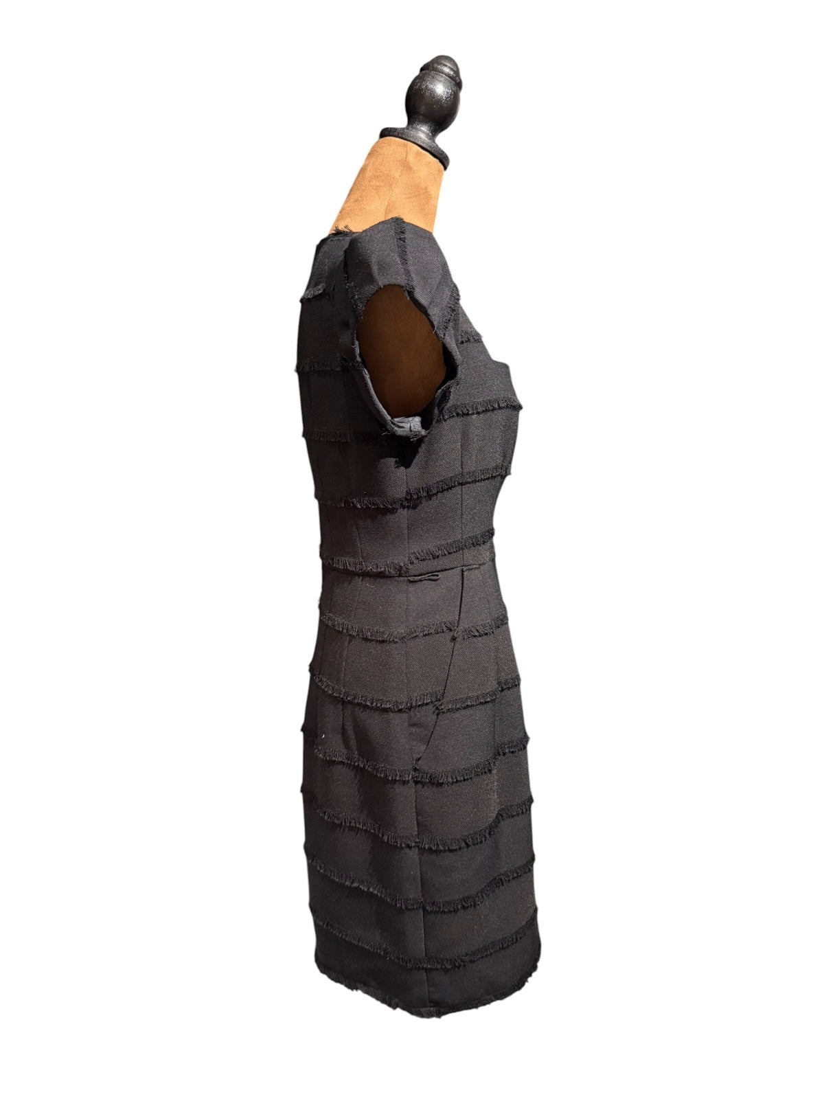 Nanette Lepore "Catch Me" Black Fringed Sheath Dress with Square Neckline