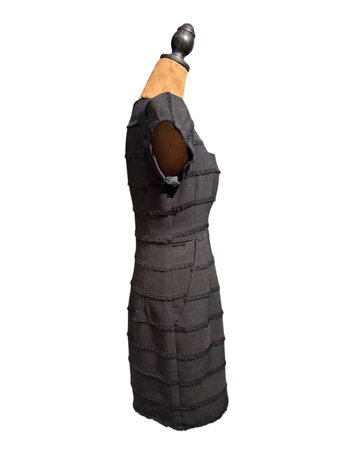 Nanette Lepore "Catch Me" Black Fringed Sheath Dress with Square Neckline