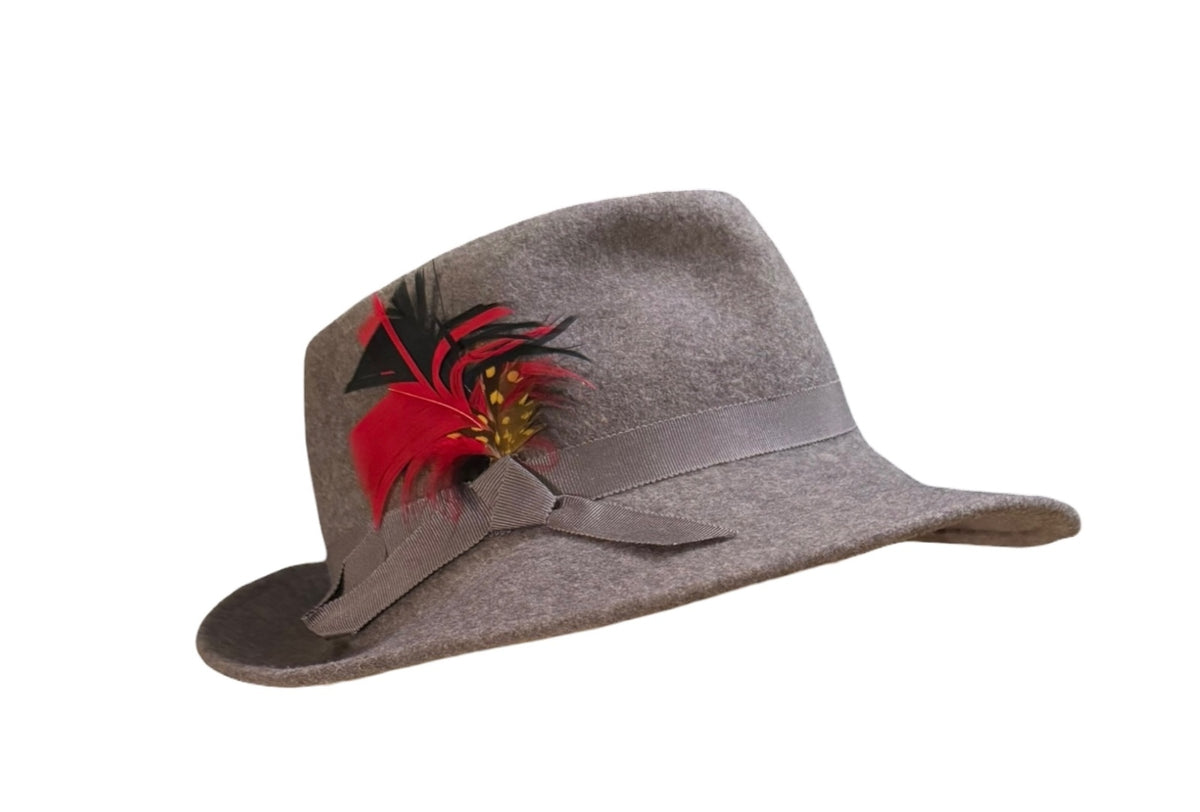 Vintage Glenover Gray Wool Felt Fedora Hat with Red Feather