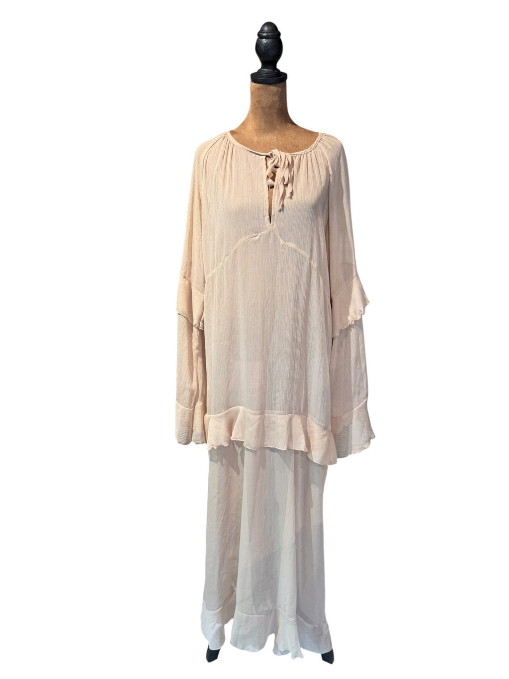 Light Beige Long Sleeve Bohemian Style Dress with Ruffle Details