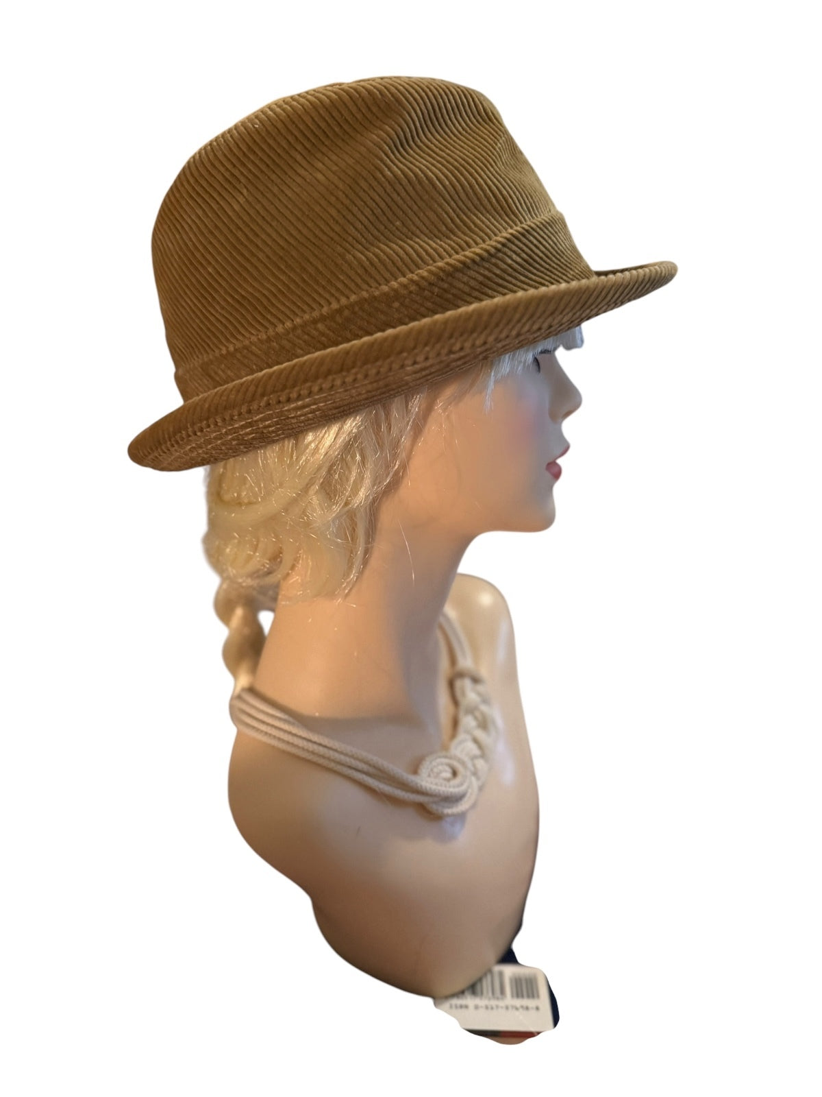 Vintage Eddie Bauer Tan Corduroy Fedora Hat with Feather Accent
