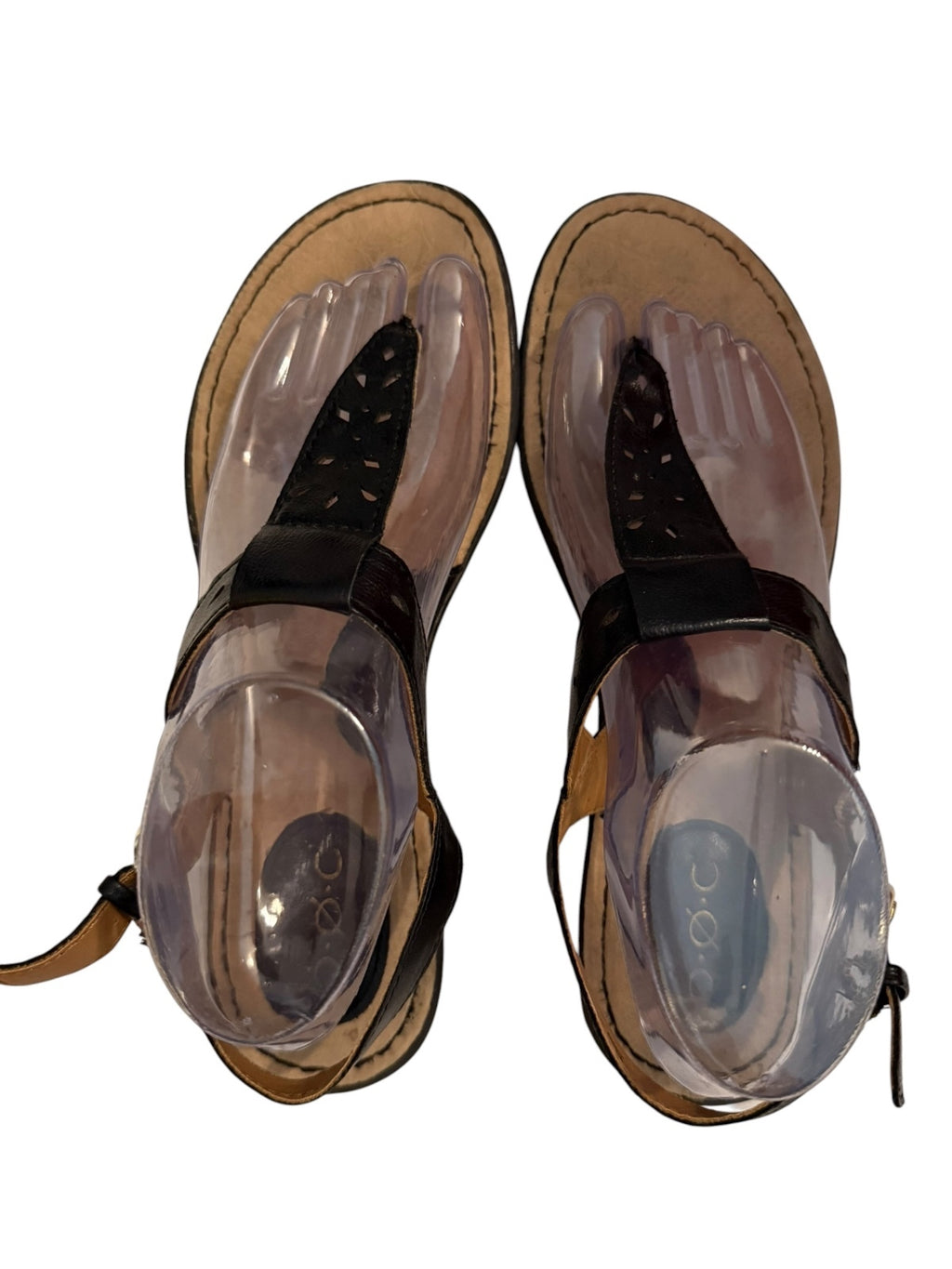 b.o.c. Black Leather T-Strap Sandals with Adjustable Ankle Strap