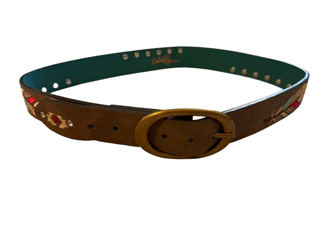 Catchfly Studio Embroidered Leather Belt with Studs and Feather Design