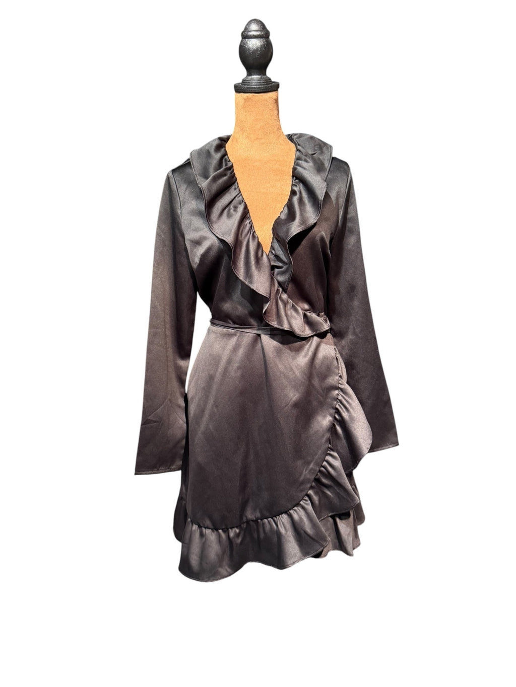 Bar III Black Satin Ruffle Wrap Dress