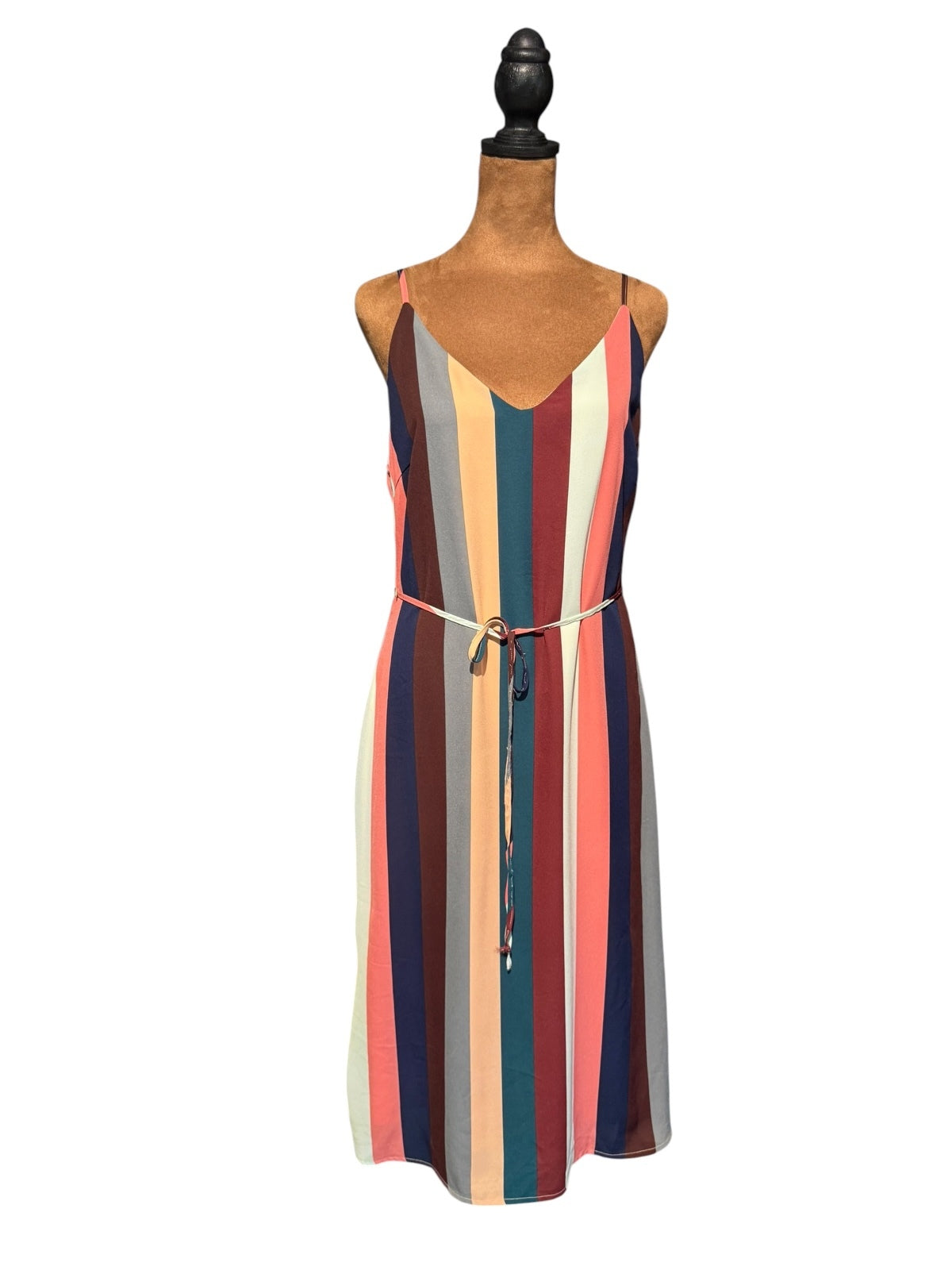 Lulus Striped Midi Dress with Adjustable Spaghetti Straps and Waist Tie