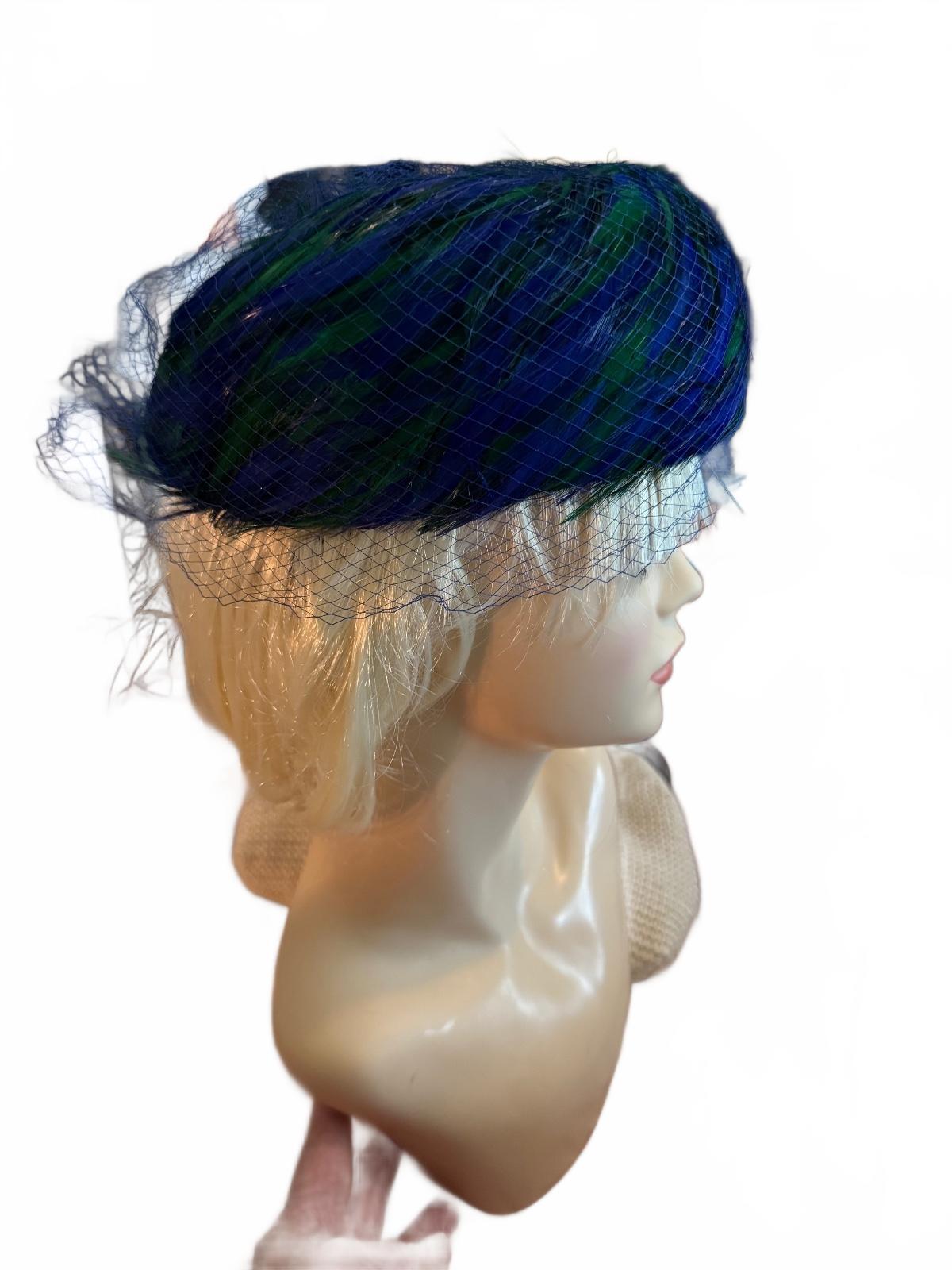 Vintage Valerie Modes Blue and Green Feathered Hat with Veil