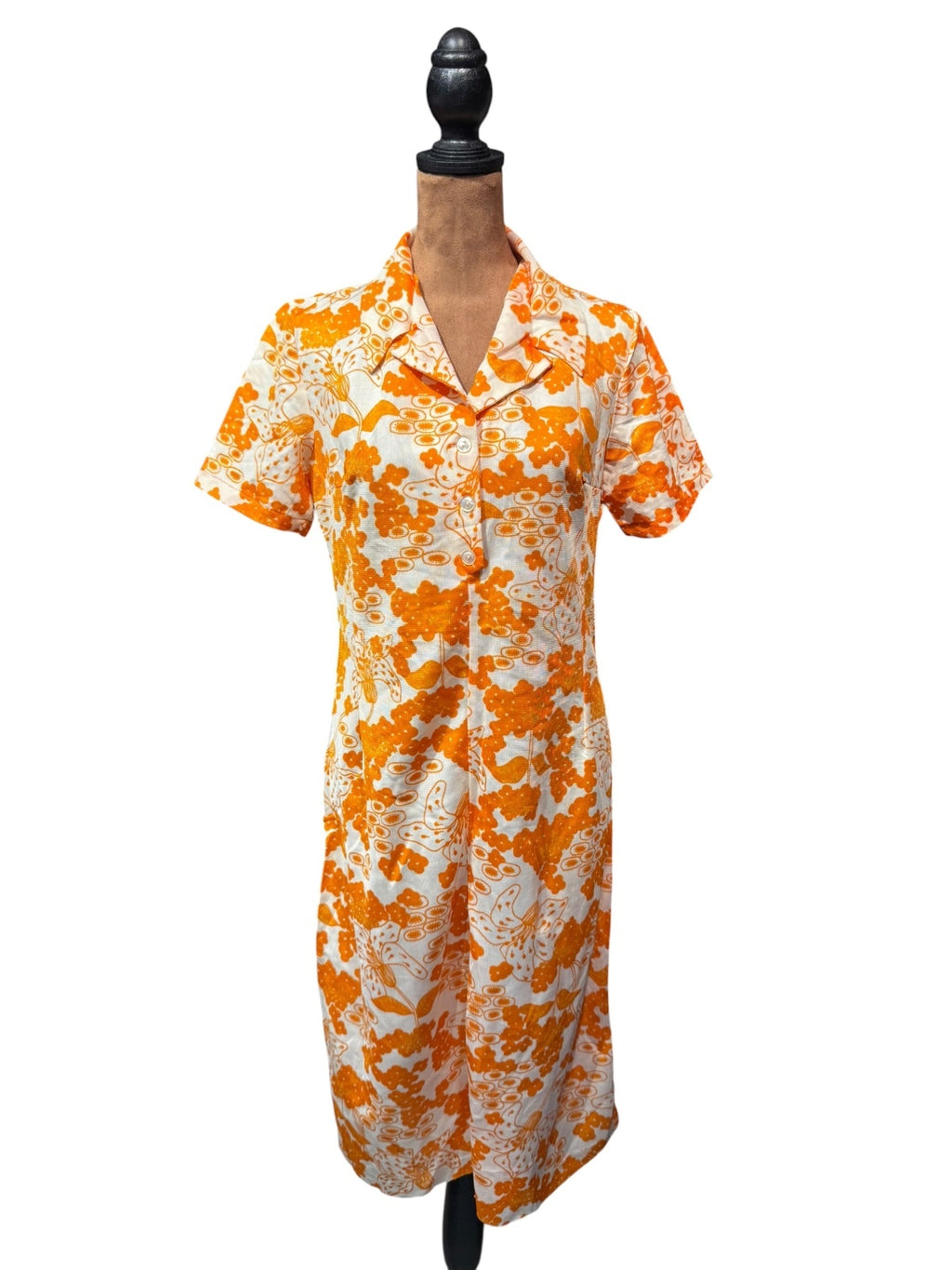 Vintage 60s Orange and White Floral Shirt Dress with Classic Collar