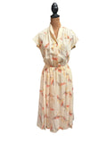 Vintage Cream Floral Print Midi Dress with Elastic Waist