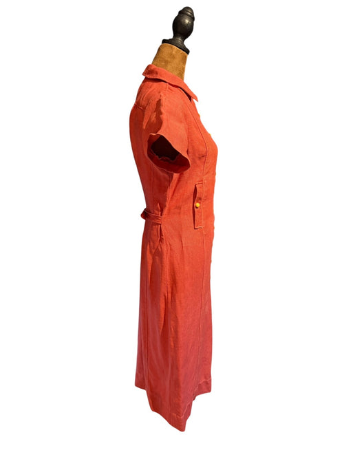Vintage Red Button-Front Linen Dress with Bakelite Buttons