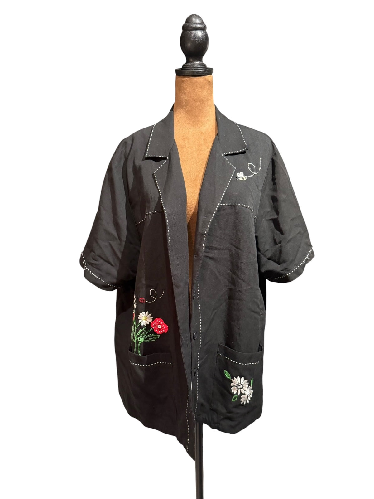 Black Embroidered Short Sleeve Jacket with Floral and Bee Details