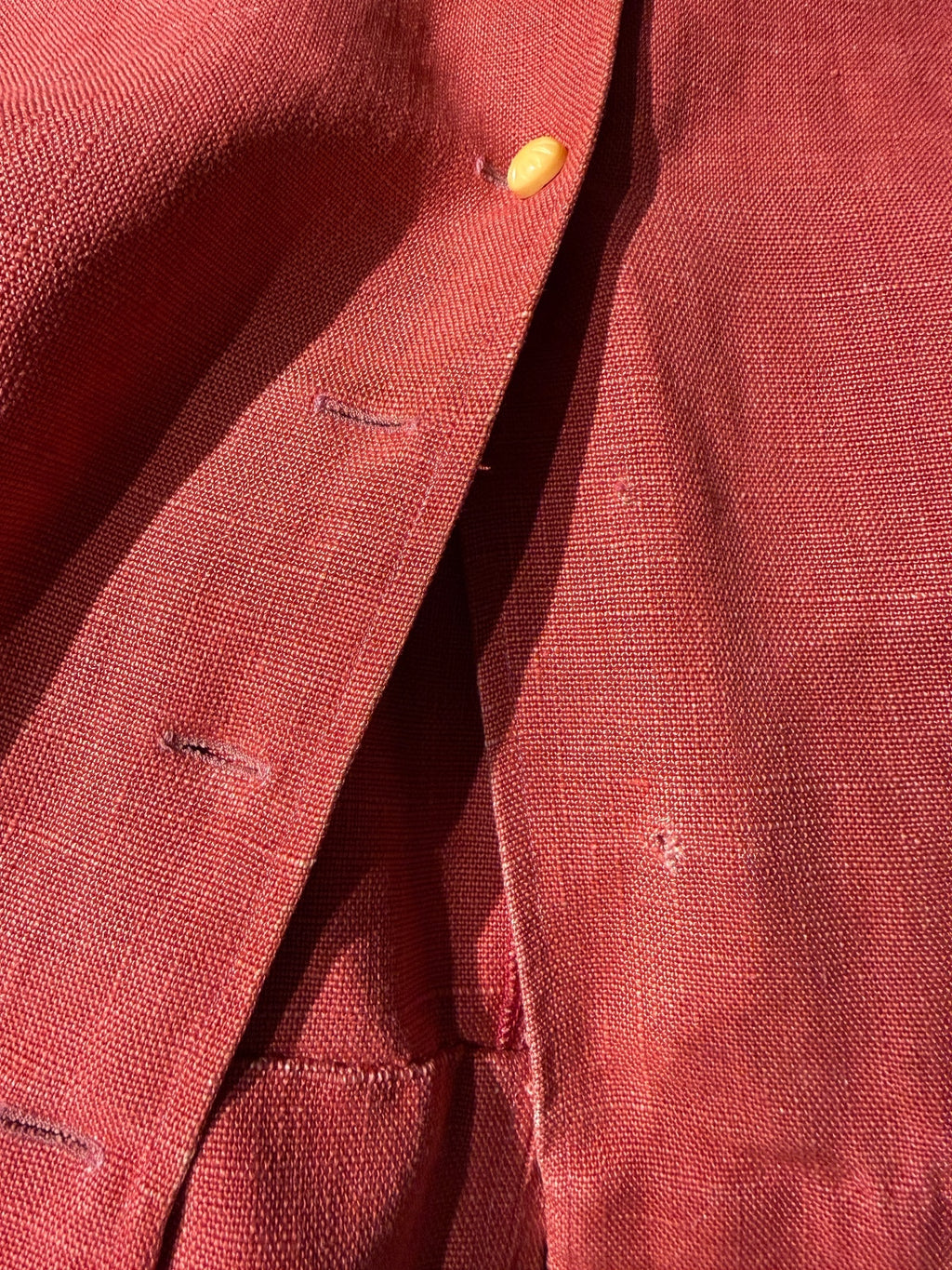 Vintage Red Button-Front Linen Dress with Bakelite Buttons
