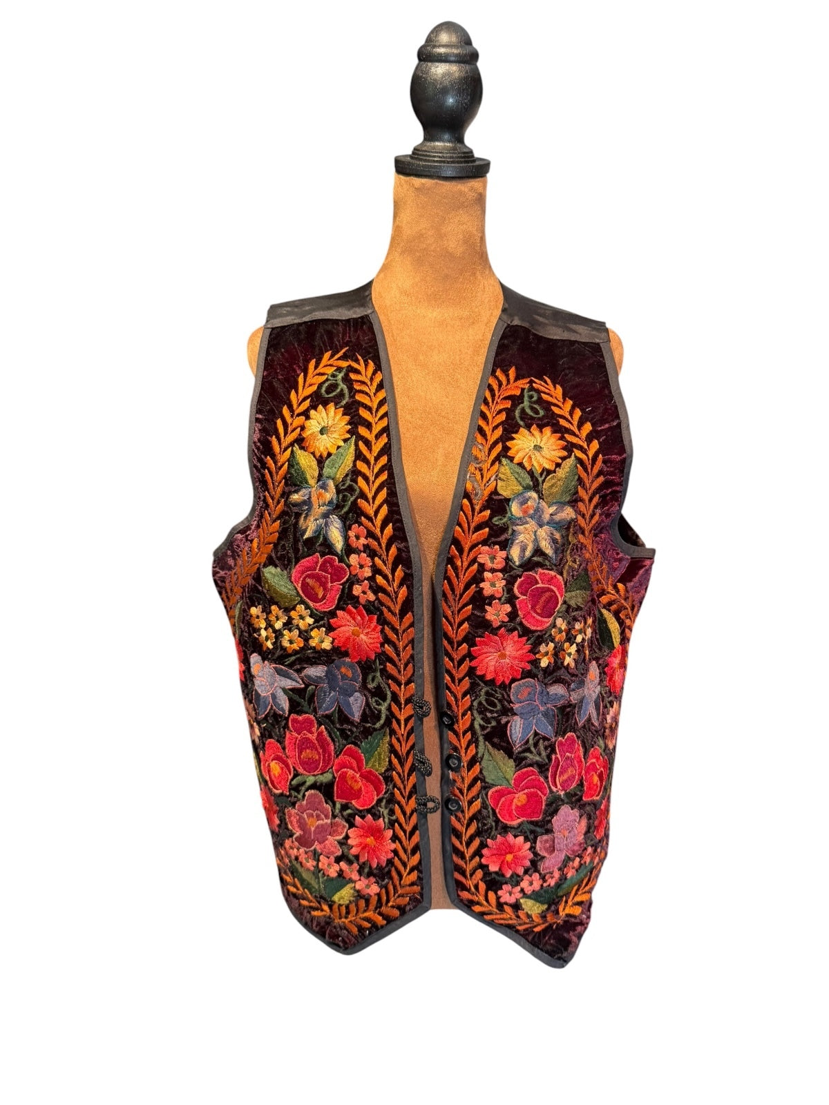 Vintage Embroidered Floral Velvet Vest with Satin Back
