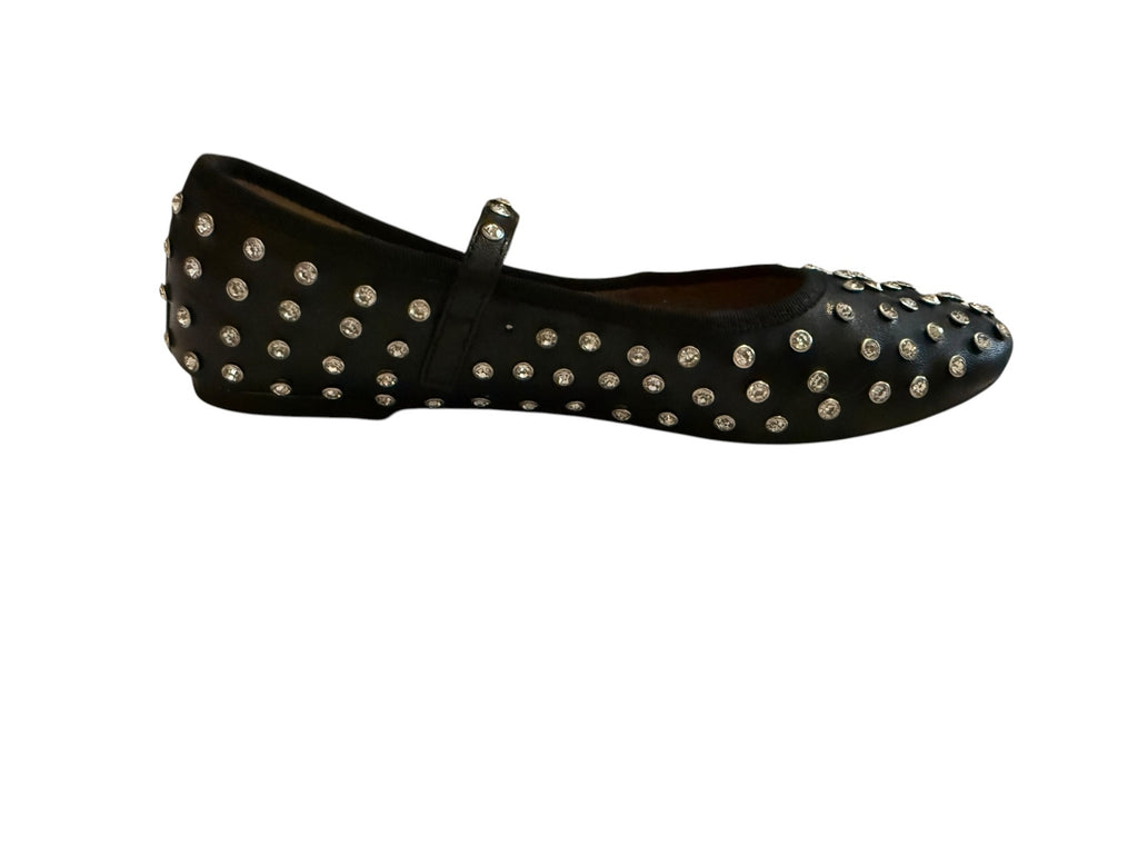House of Harlow Black Studded Mary Jane Flats with Rhinestone Embellish