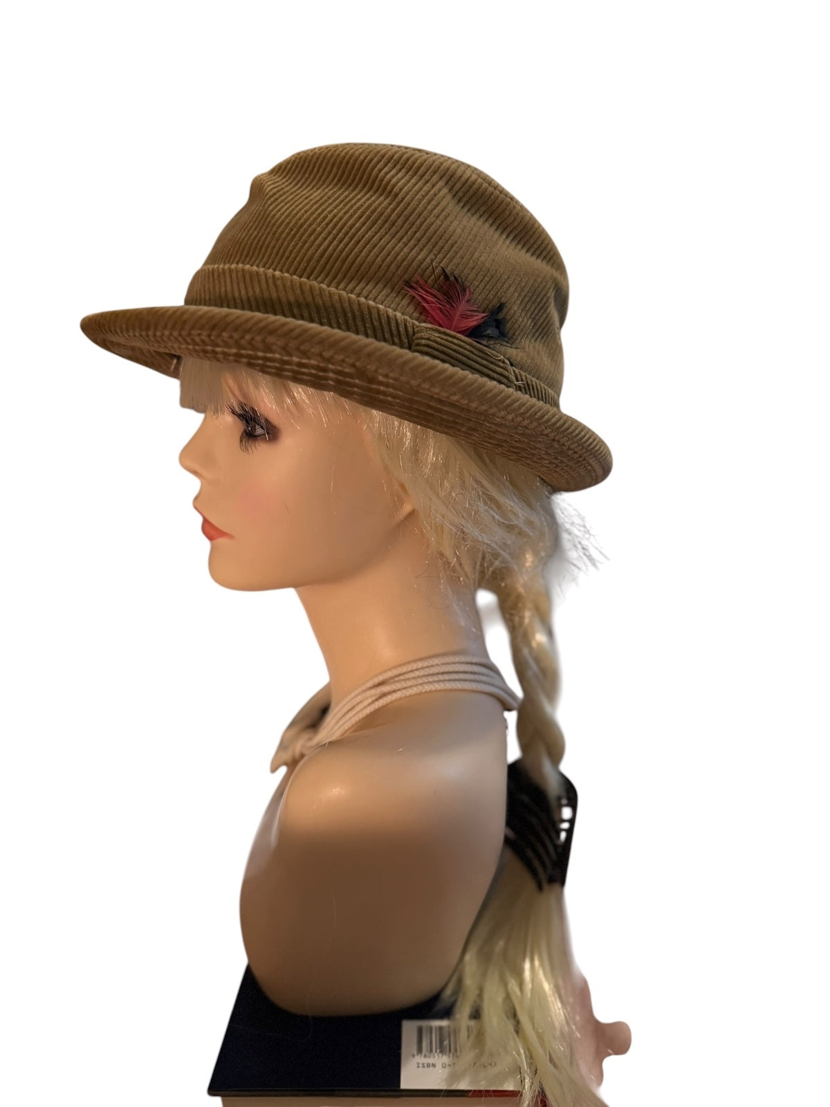 Vintage Eddie Bauer Tan Corduroy Fedora Hat with Feather Accent