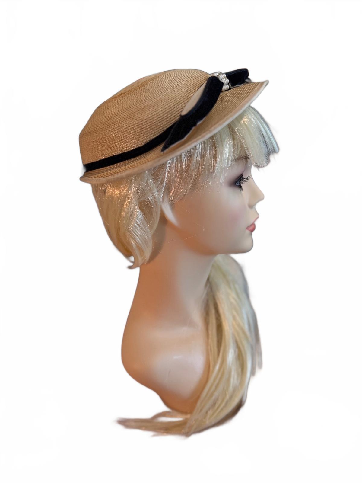 Vintage Style Beige Straw Hat with Black Velvet Bow and Pearl Accent