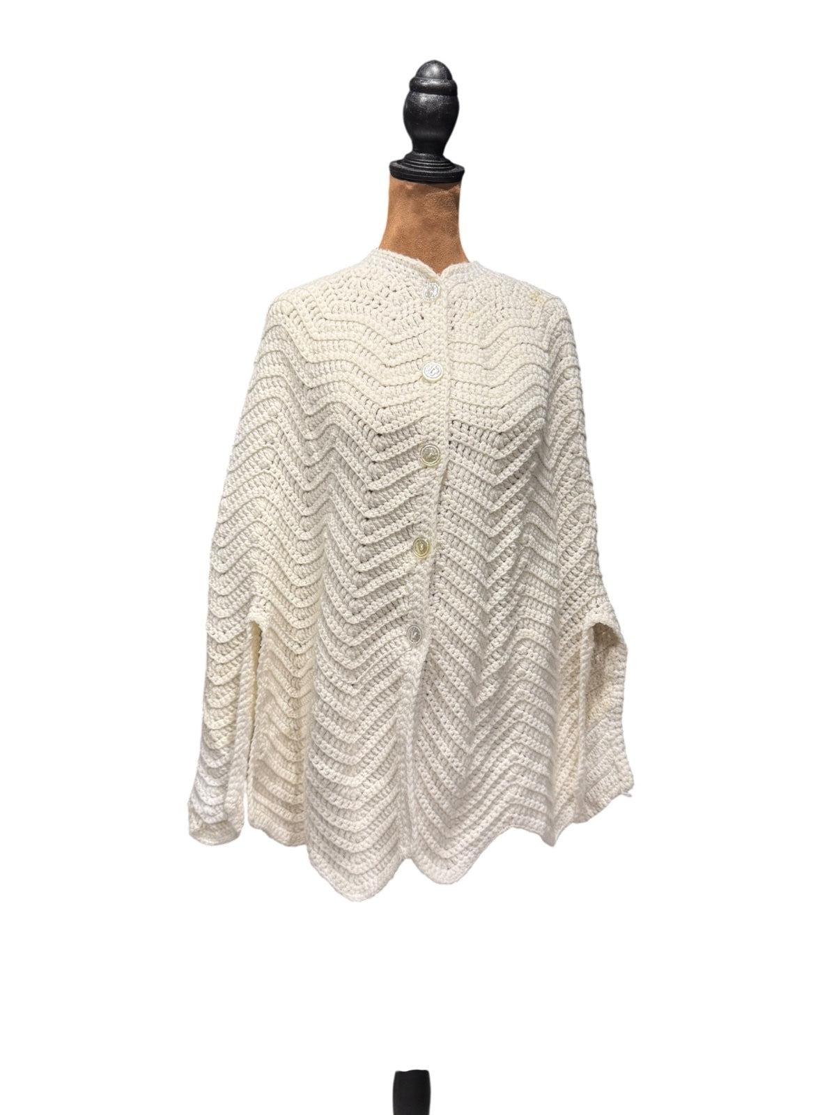 Vintage Handmade Cream Crochet Button-Up Poncho Cape