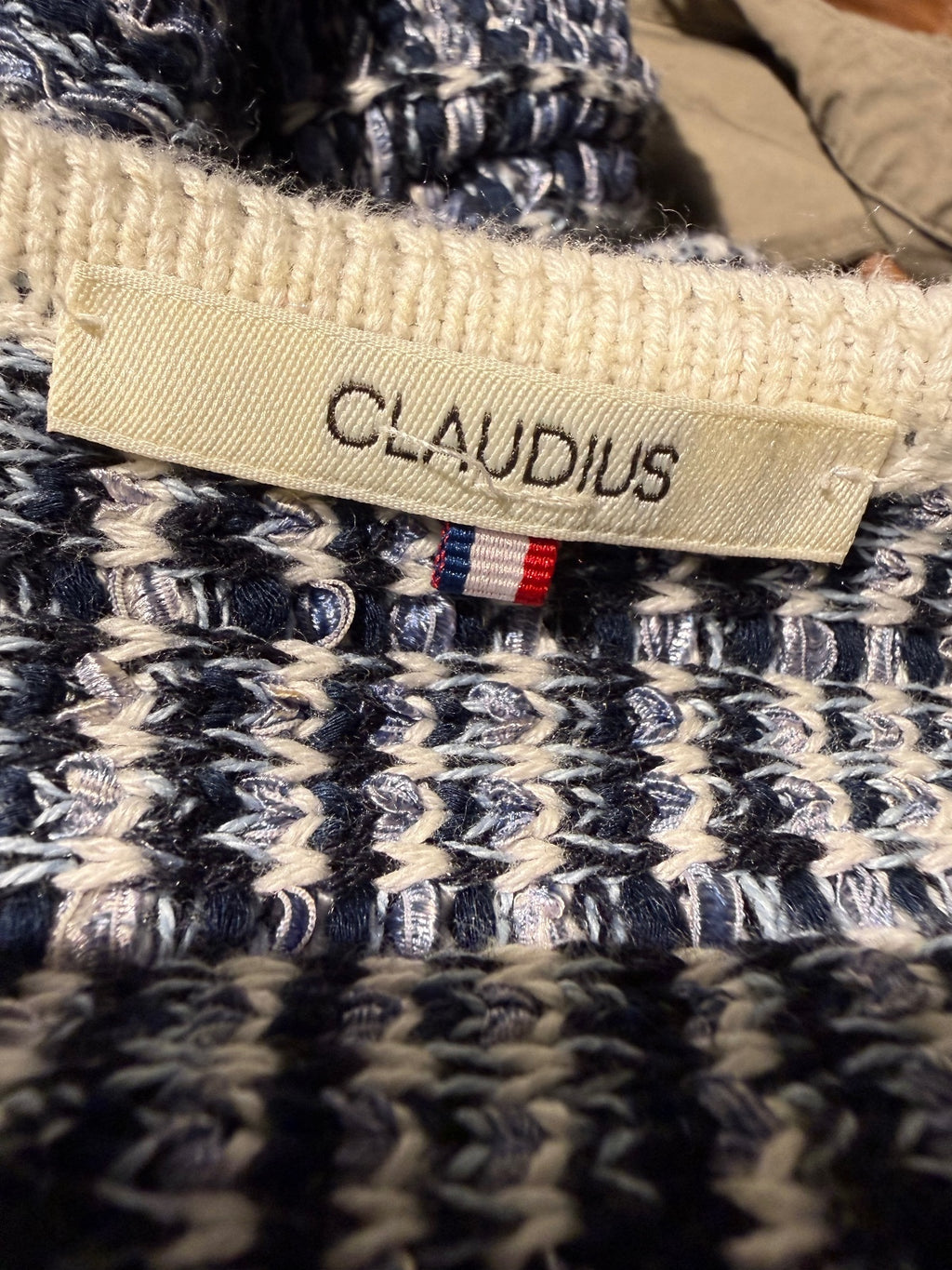 Claudius Navy Blue and White Tweed Long Cardigan with Orange Accents