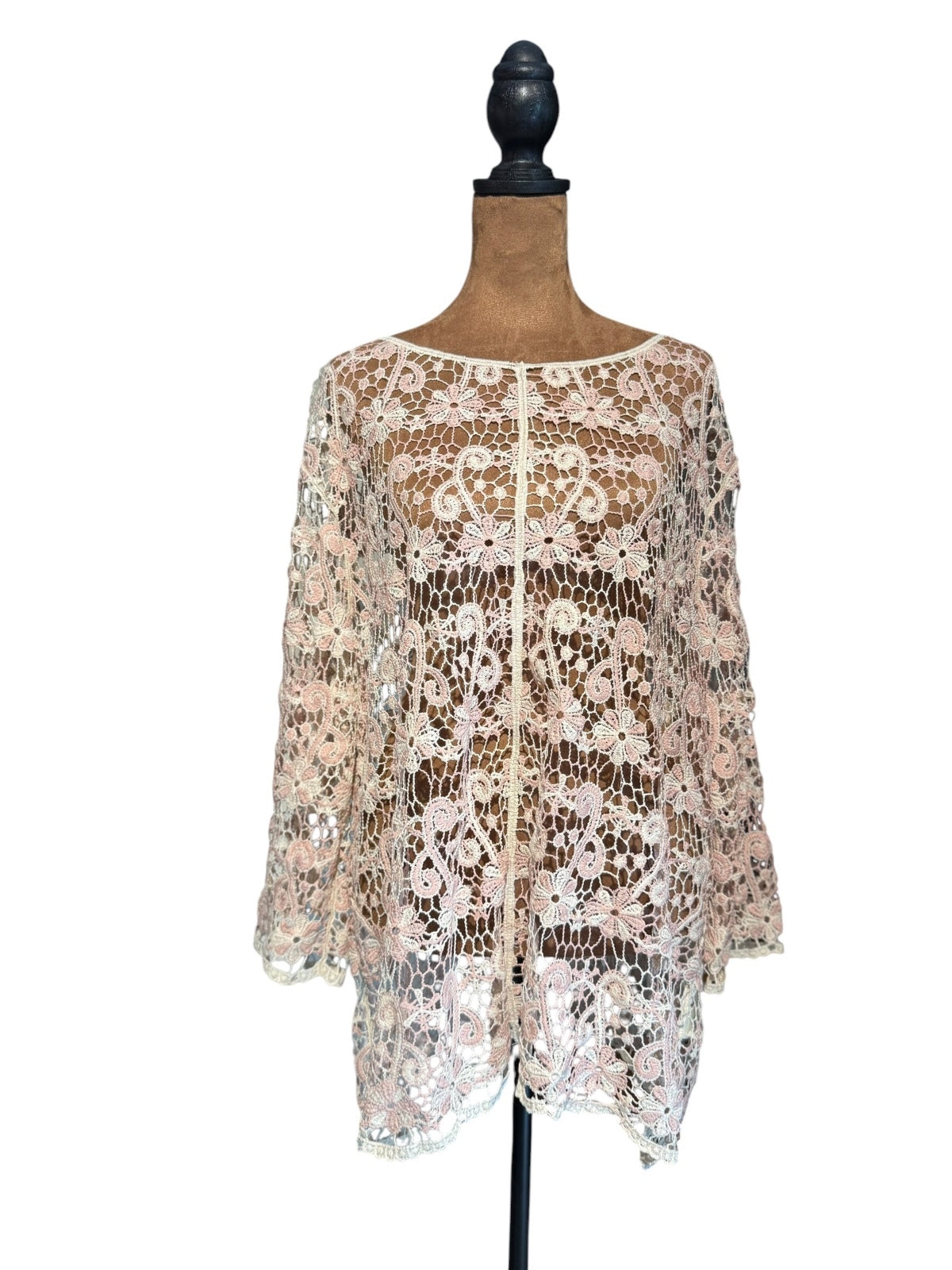 Light Pink Floral Crochet Lace Tunic Top
