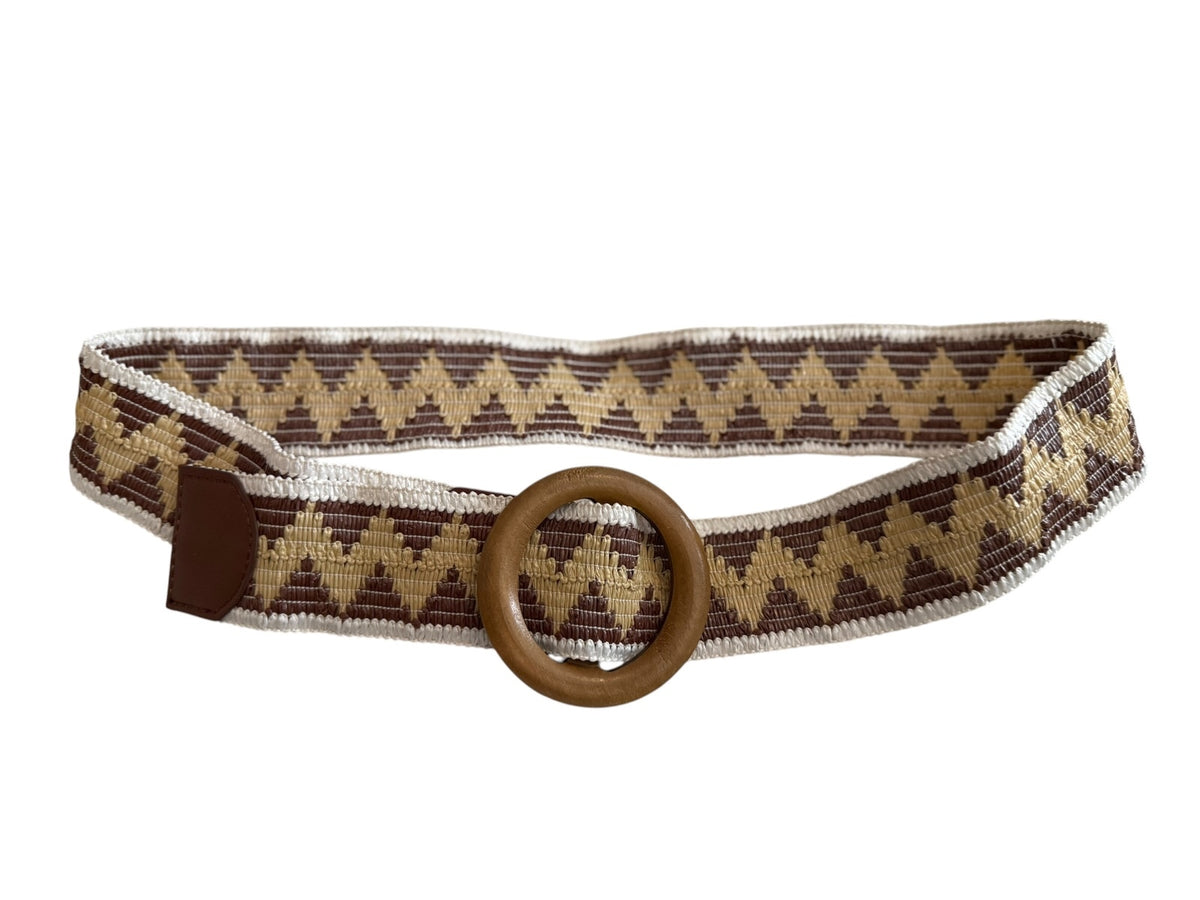 Brown and Beige Woven Belt with Wooden Buckle