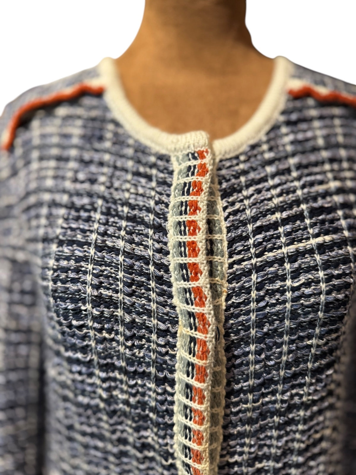 Claudius Navy Blue and White Tweed Long Cardigan with Orange Accents