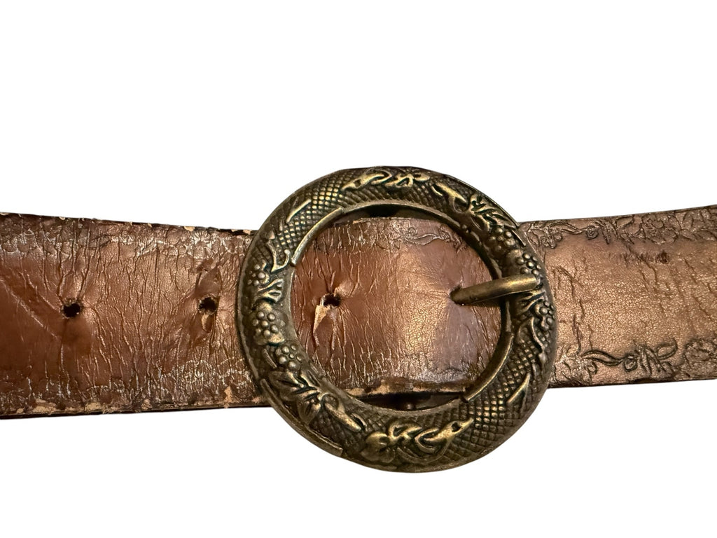 Vintage Brown Leather Belt with Ornate Round Buckle and Floral Embossing
