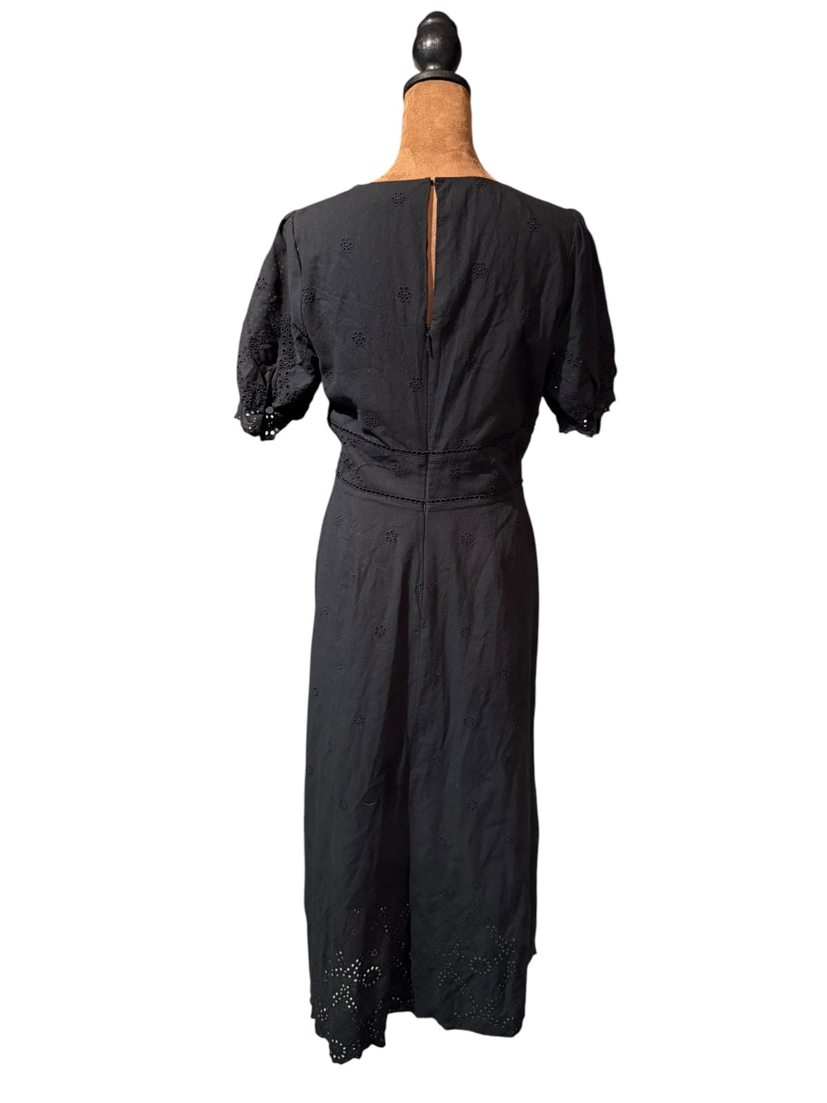 Whistles Black Cotton Button-Front Midi Dress with Eyelet Detail