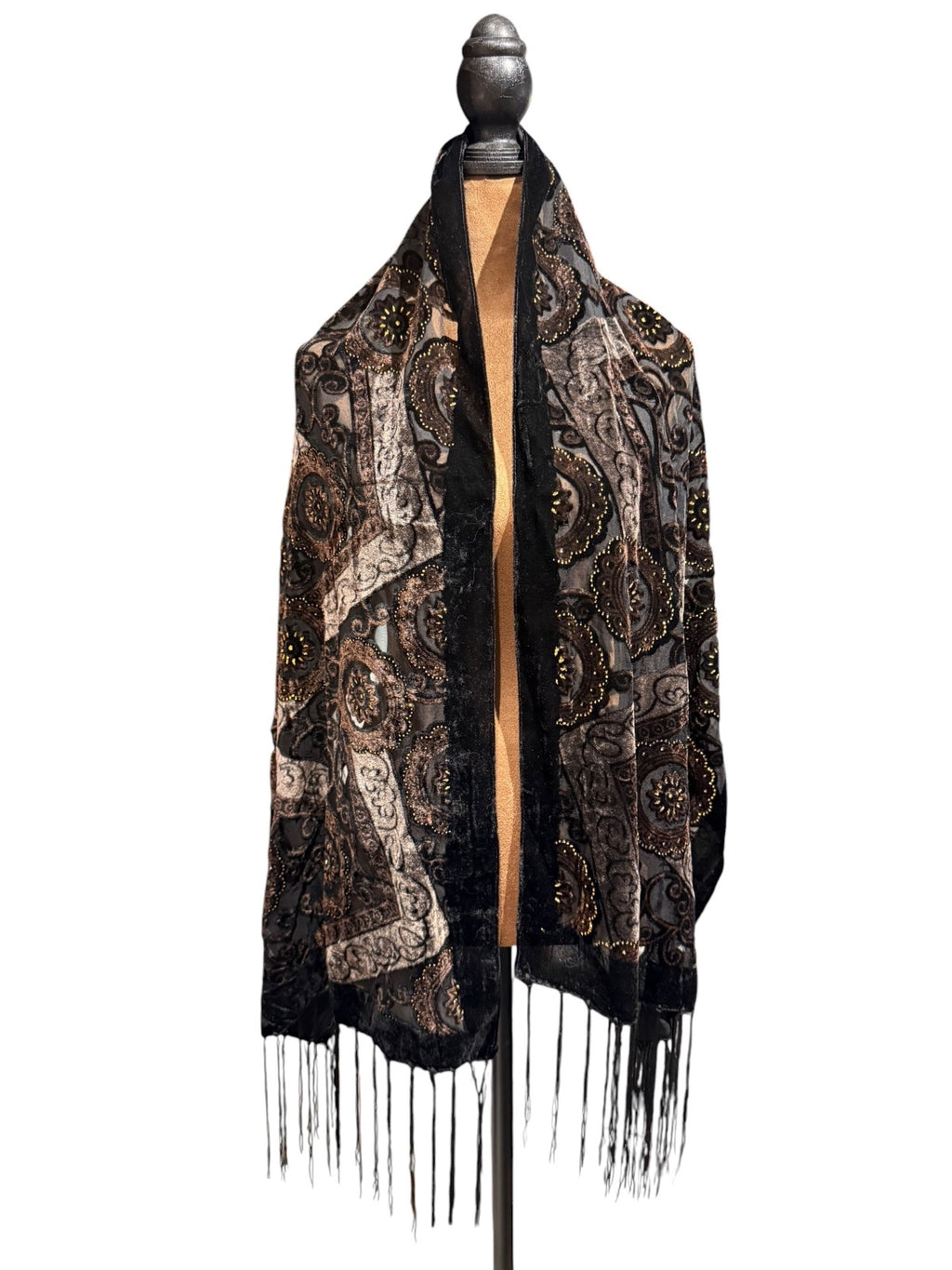 Elegant Black and Brown Velvet Paisley Shawl with Beaded Detailing