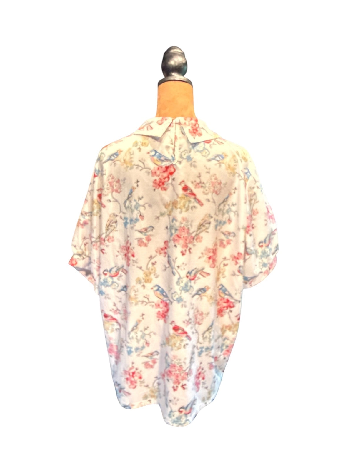 Vintage Bird & Floral Print Collared Blouse with Puff Sleeve