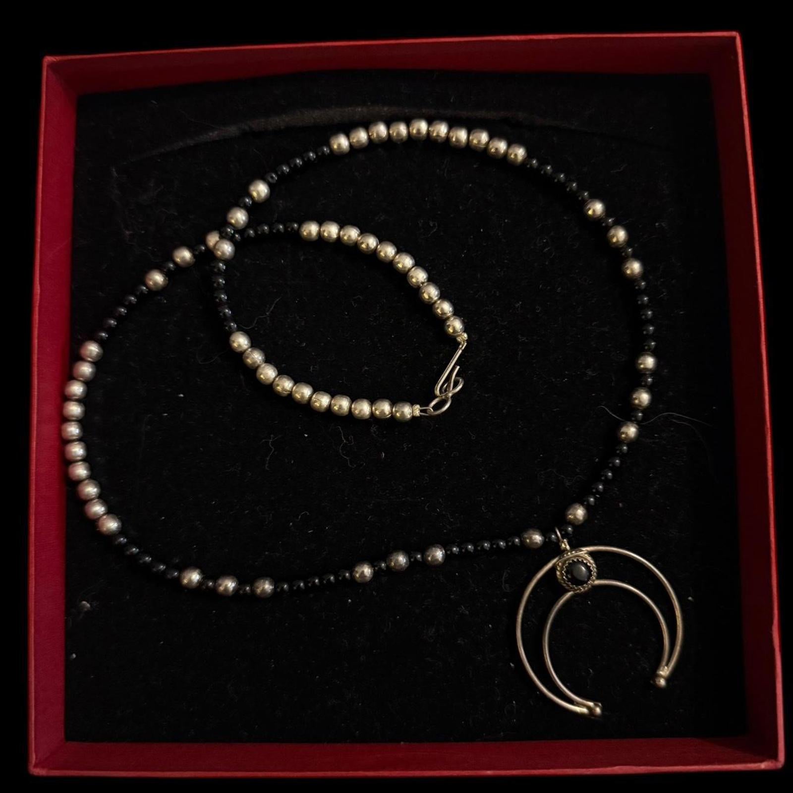Silver Tone Moon Necklace with Black Beads