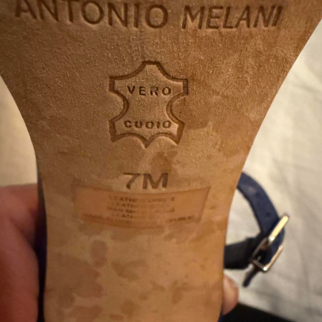 Antonio Melani Navy Blue Leather T-Strap High Heel Sandals