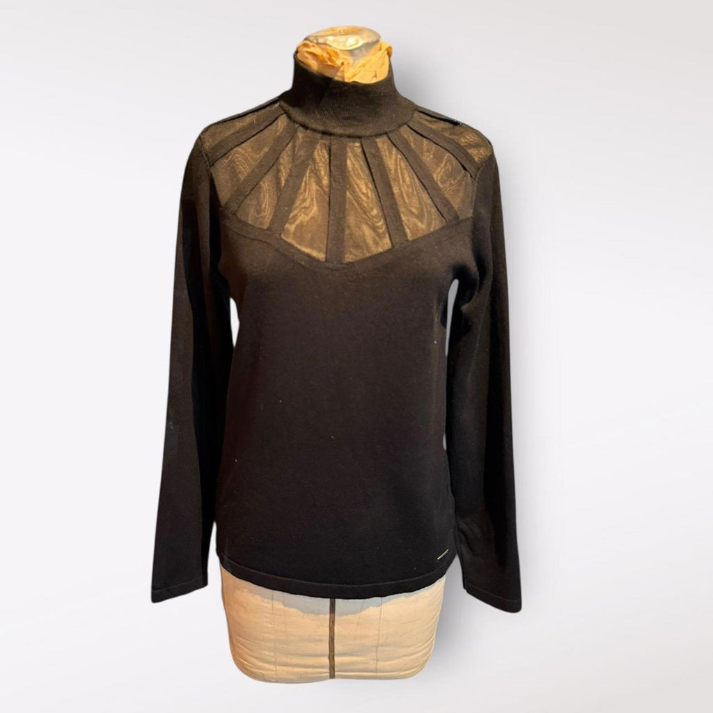 Catherine Malandrino Black Long Sleeve Sweater with Sheer Yoke Detail