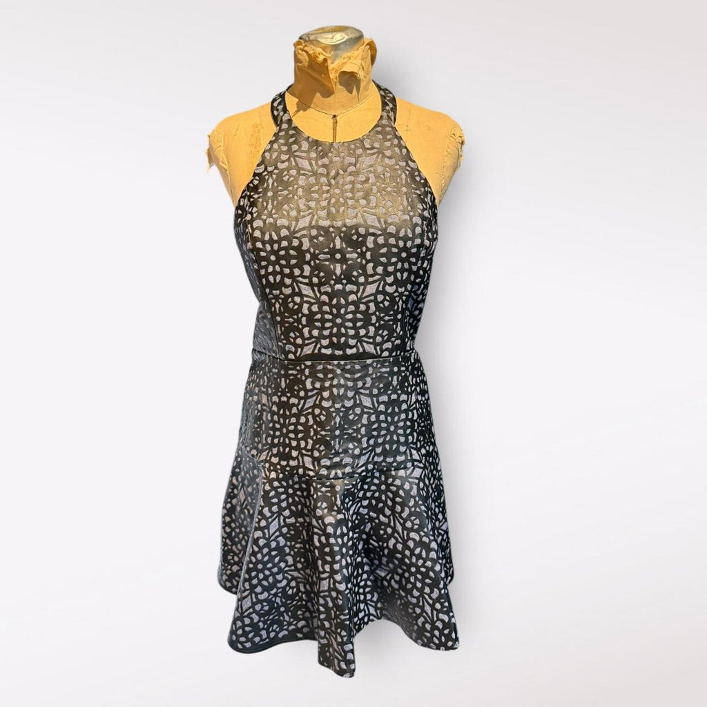 Parker Black and Gray Patterned Halter Dress with Open Back