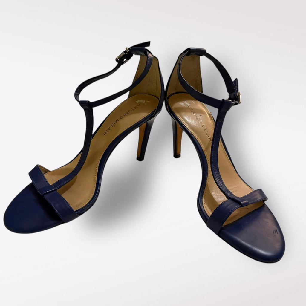 Antonio Melani Navy Blue Leather T-Strap High Heel Sandals