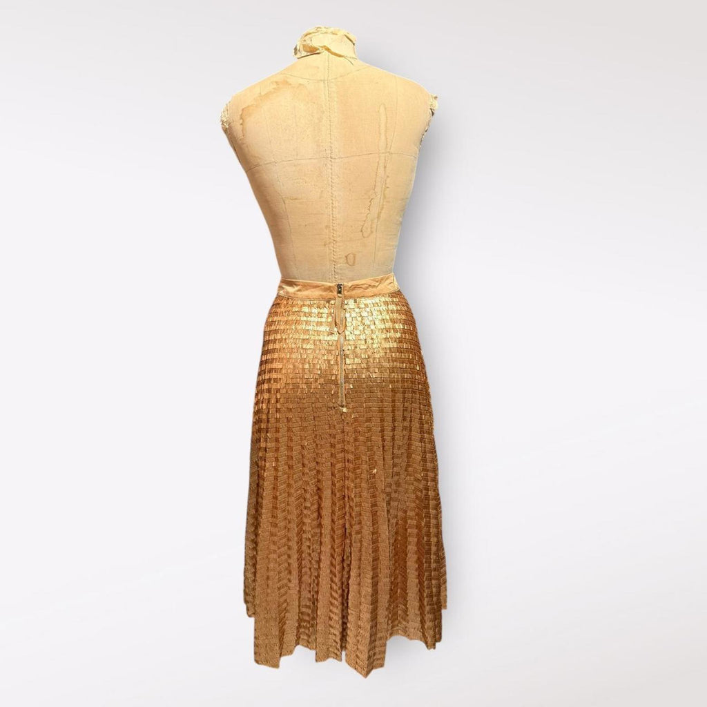 Elie Tahari Golden Pleated Midi Skirt with Sequin Detail