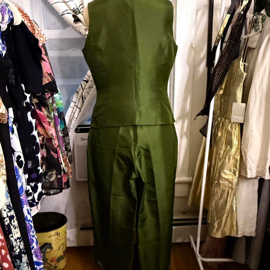 ICE Green Silk Two-Piece Set with Beaded Sleeveless Blazer and Pants