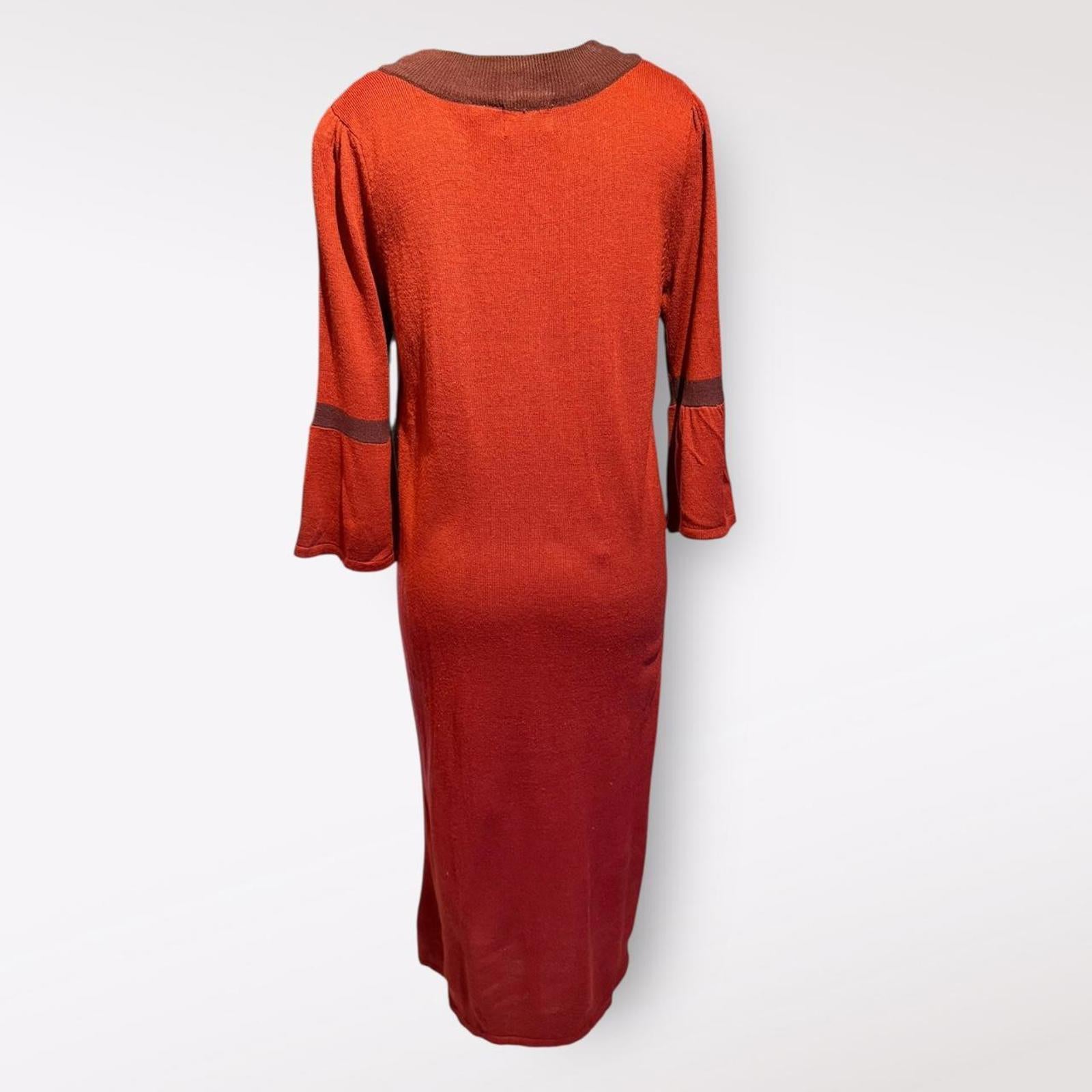 Chelsea Studio Vintage Orange and Brown Long Sleeve Dress with Bell Sleeves