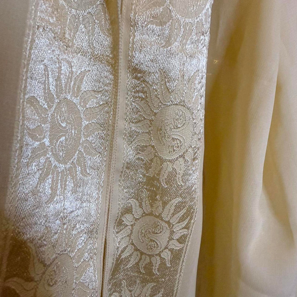 Elegant Cream Embroidered Sun Motif Scarf with Fringe