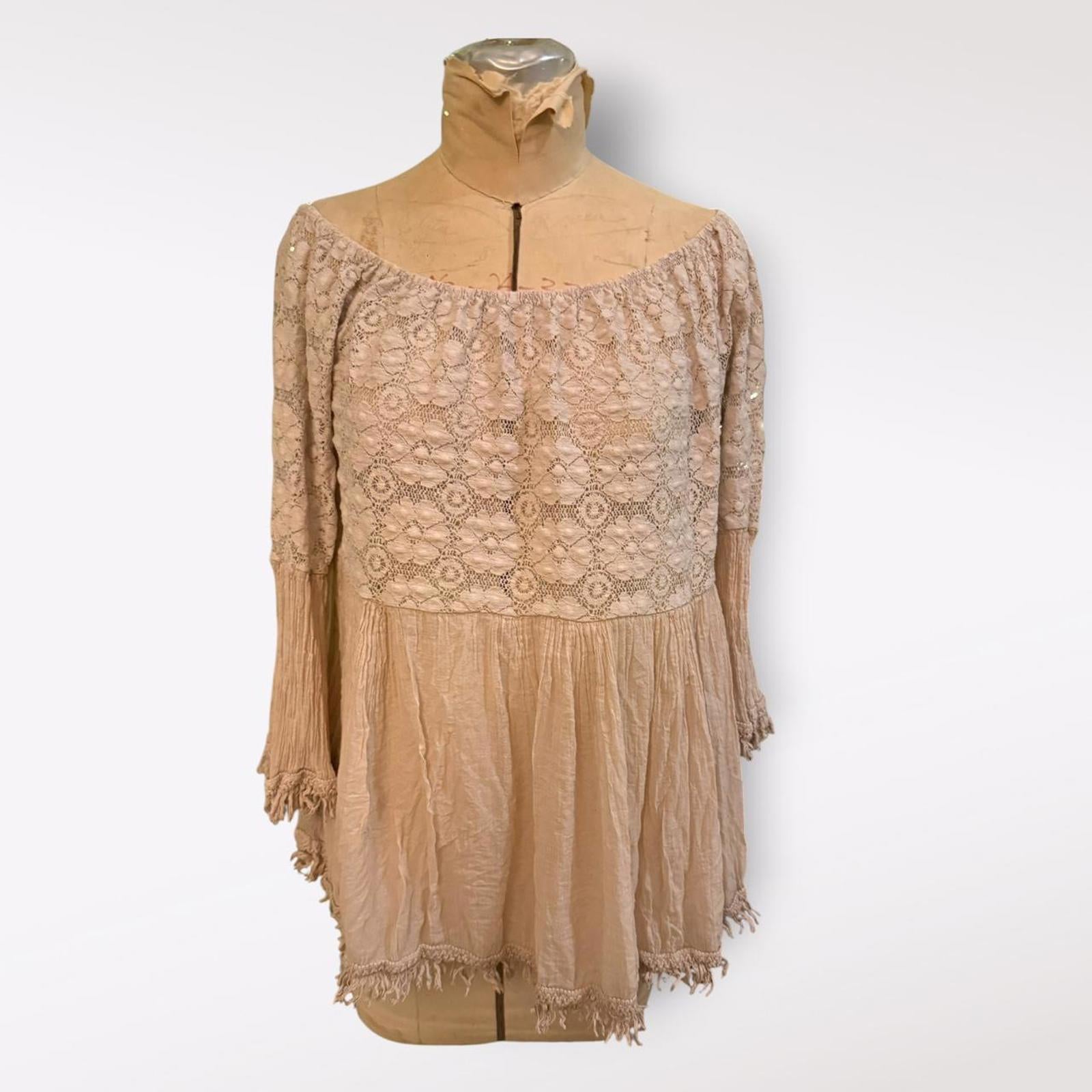 Made in Italy Cream Lace and Tassel Boho Top