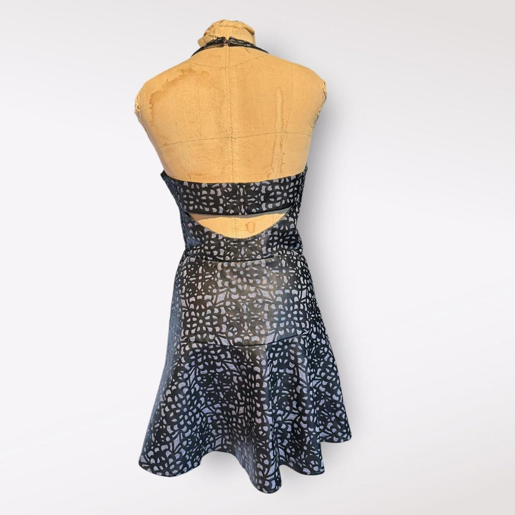Parker Black and Gray Patterned Halter Dress with Open Back