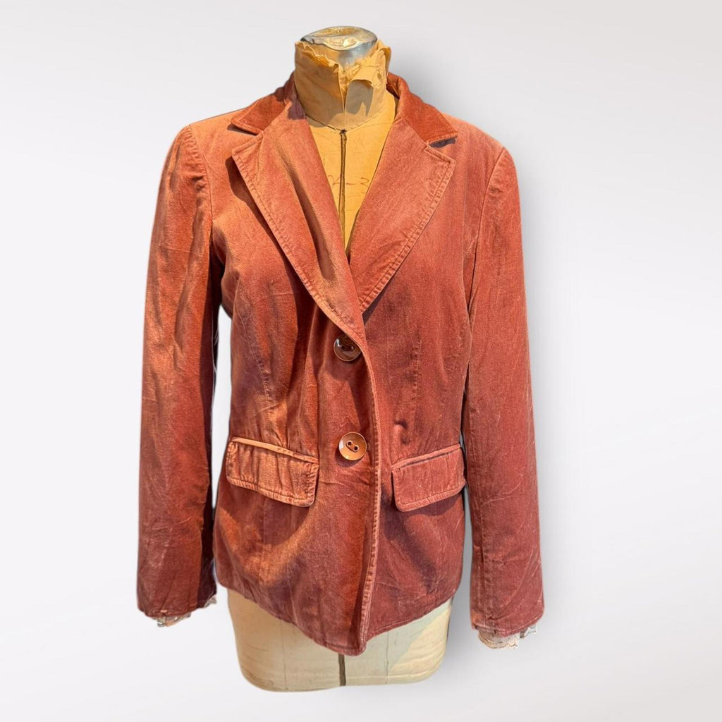 Focus Lifestyle Rust Velvet Blazer with Lace Trim Detail