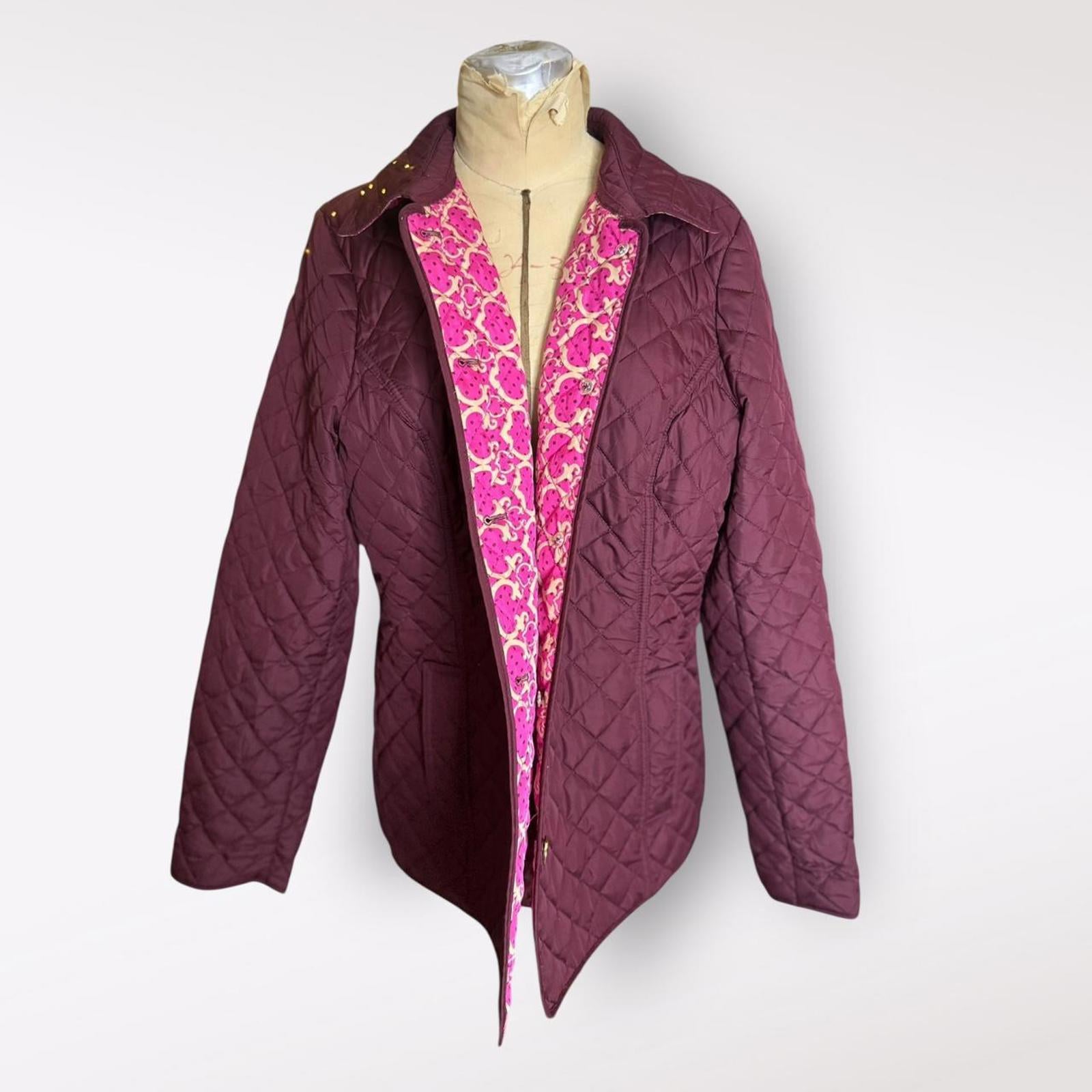 C Wonder Christian Siriano Quilted Burgundy Jacket with Pink Patterned Lining