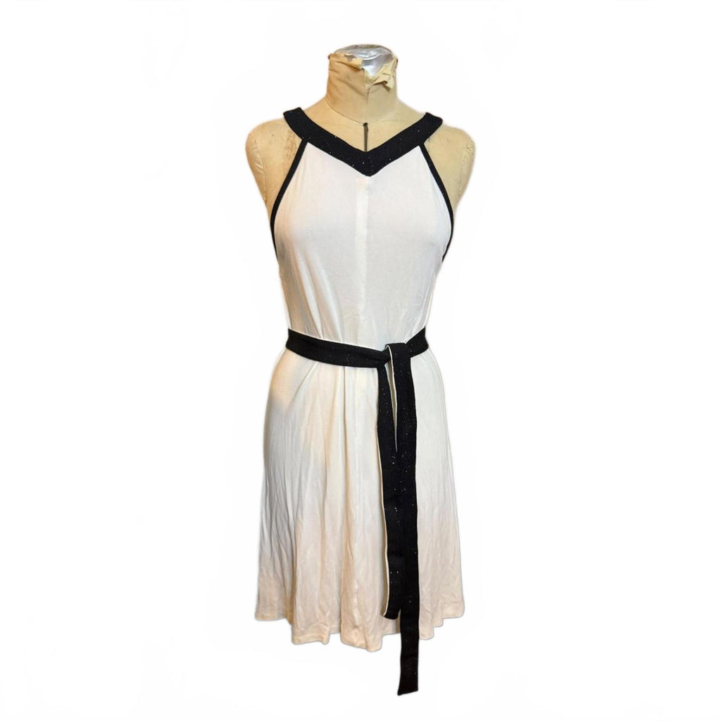 Sleeveless White Dress with Black Trim and Belt Size S