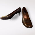 Brown Croc Embossed Leather Kitten Heel Pumps