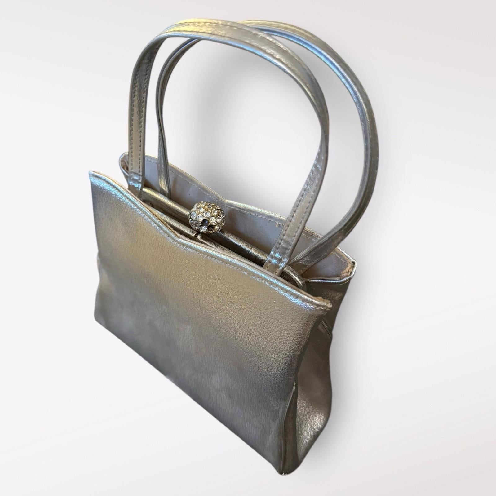 Harry Levine Silver Handbag With Rhinestone Clasp And Attached Coin Purse