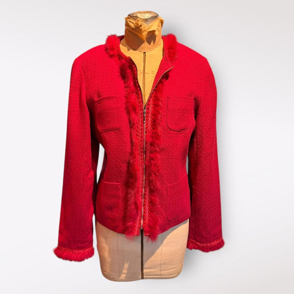 Dalia Red Zip-Up Jacket with Rabbit Fur Trim