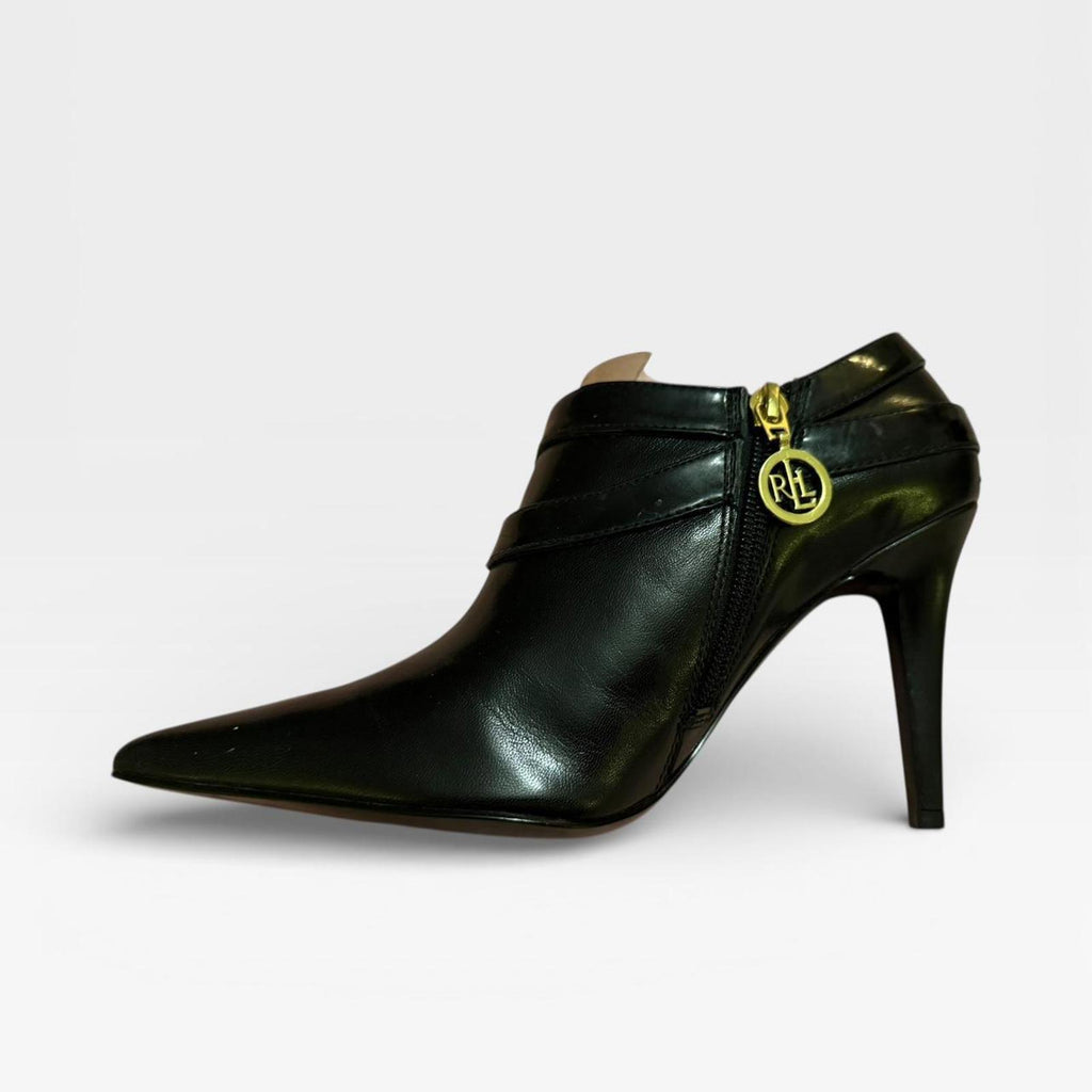 Ralph Lauren Black Leather Pointed Toe High Heel Booties